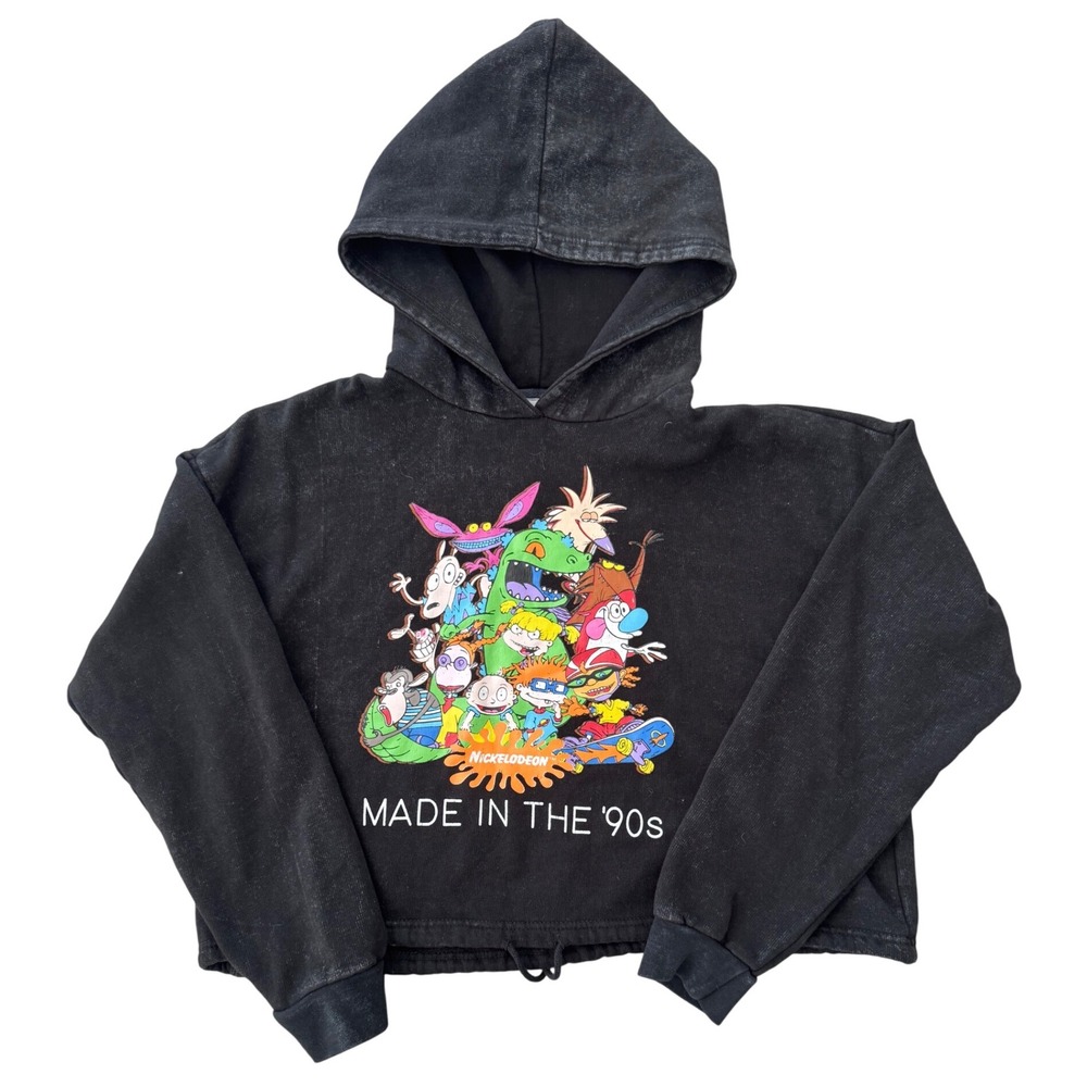 Nickelodeon Made in the 90s Black Wash Graphic Hoodie Cropped‎ Sweatshirt Womens